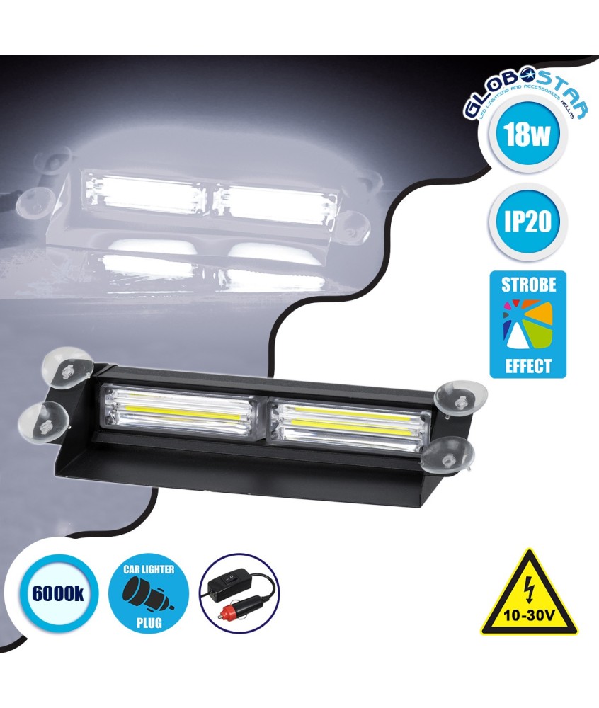 GloboStar® 85116 PRO Series Μπάρα Σήμανσης με Βεντούζες για Παρμπρίζ Οχήματος Ασθενοφόρου για Αυτοκίνητα & Φορτηγά 13 Προγραμμάτων Φωτισμού LED CREE CXB COB 18W DC 10-30V IP20 Ψυχρό Λευκό 6000K